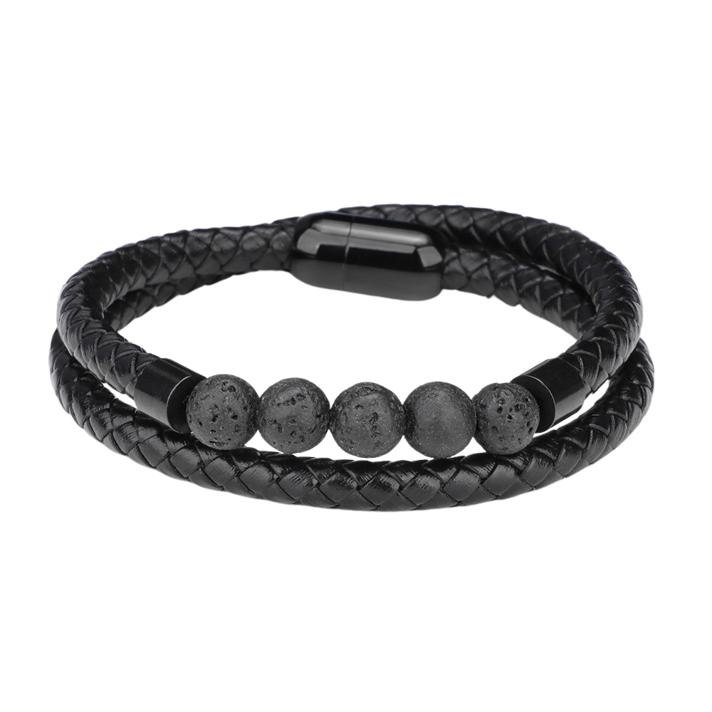 Volcanic Stone and Leather Multilayer Woven Bracelet (Stainless Steel)