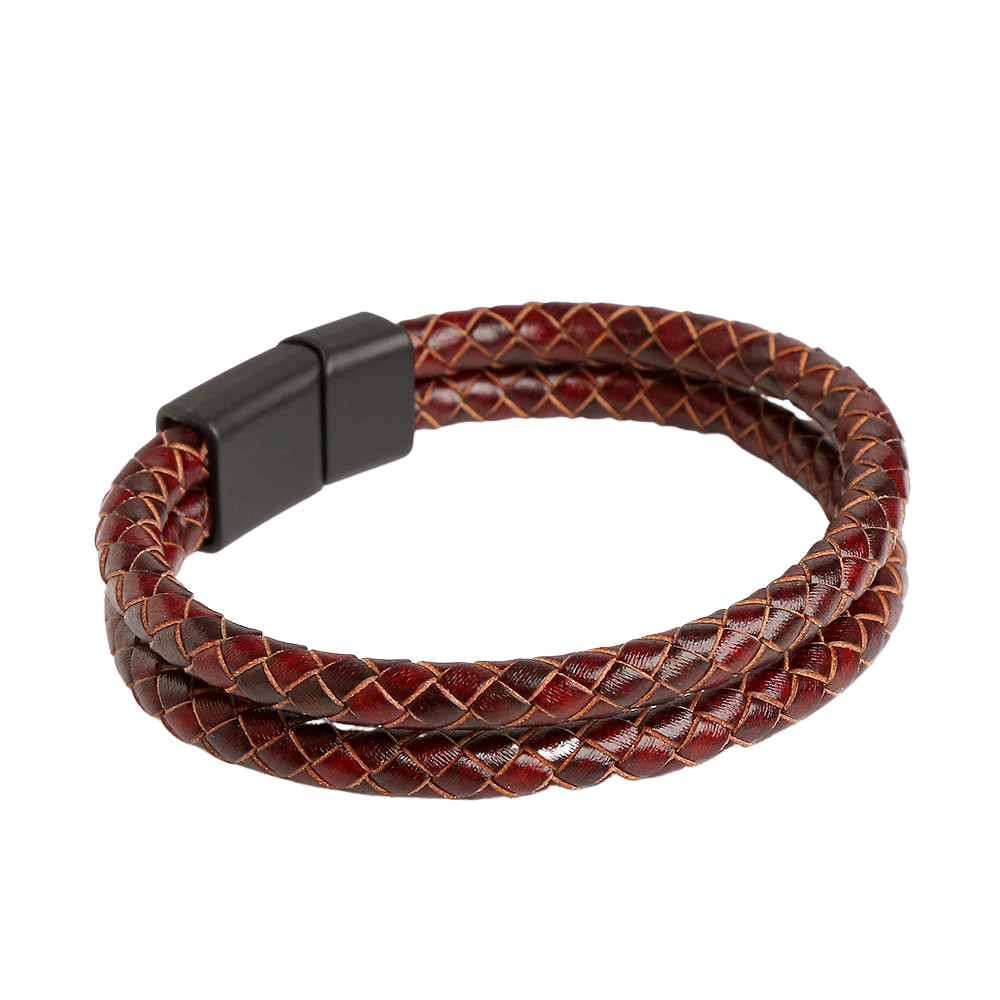 Genuine Leather Vintage Hand Woven Cord Magnetic Buckle Bracelet (Brown)