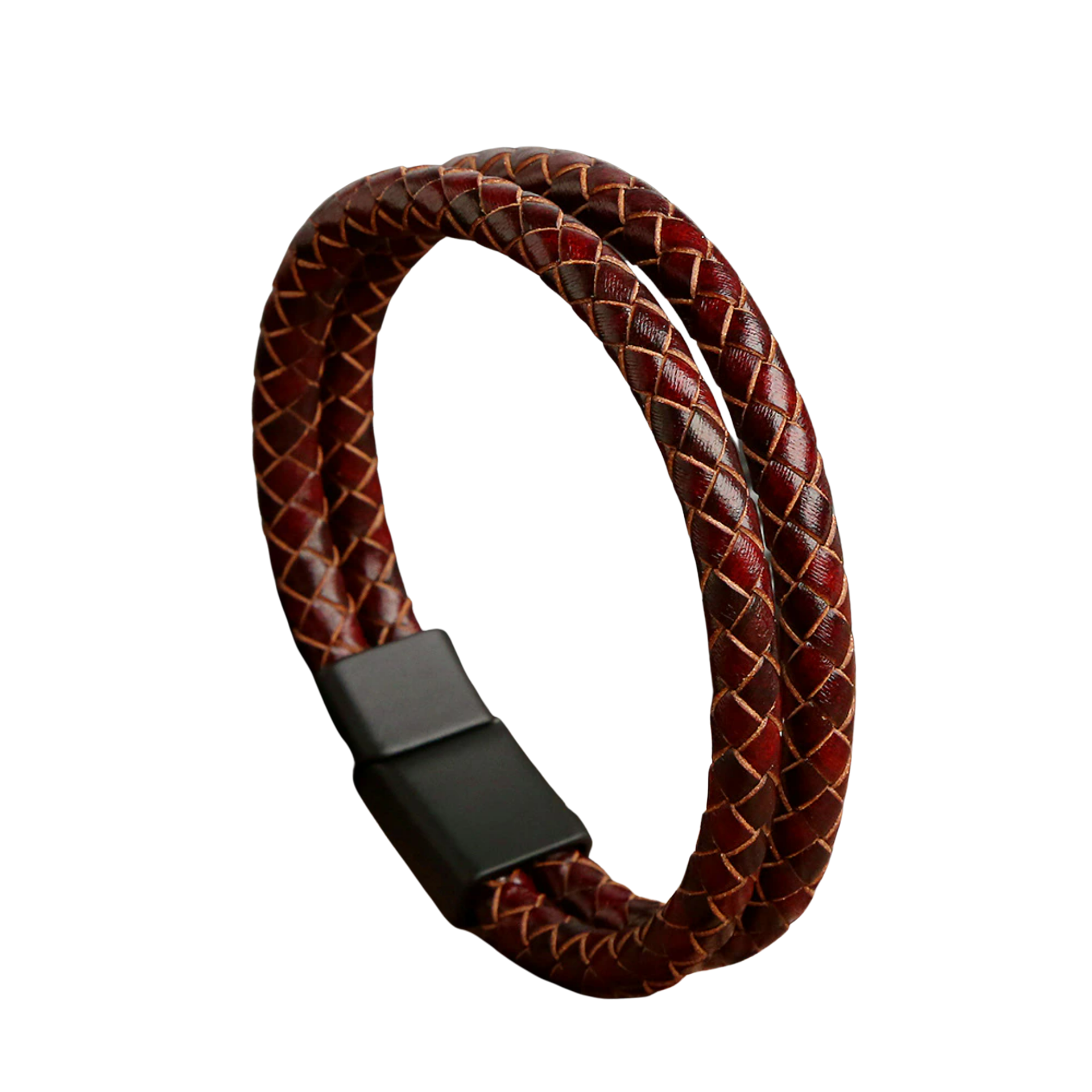 Genuine Leather Vintage Hand Woven Cord Magnetic Buckle Bracelet (Brown)
