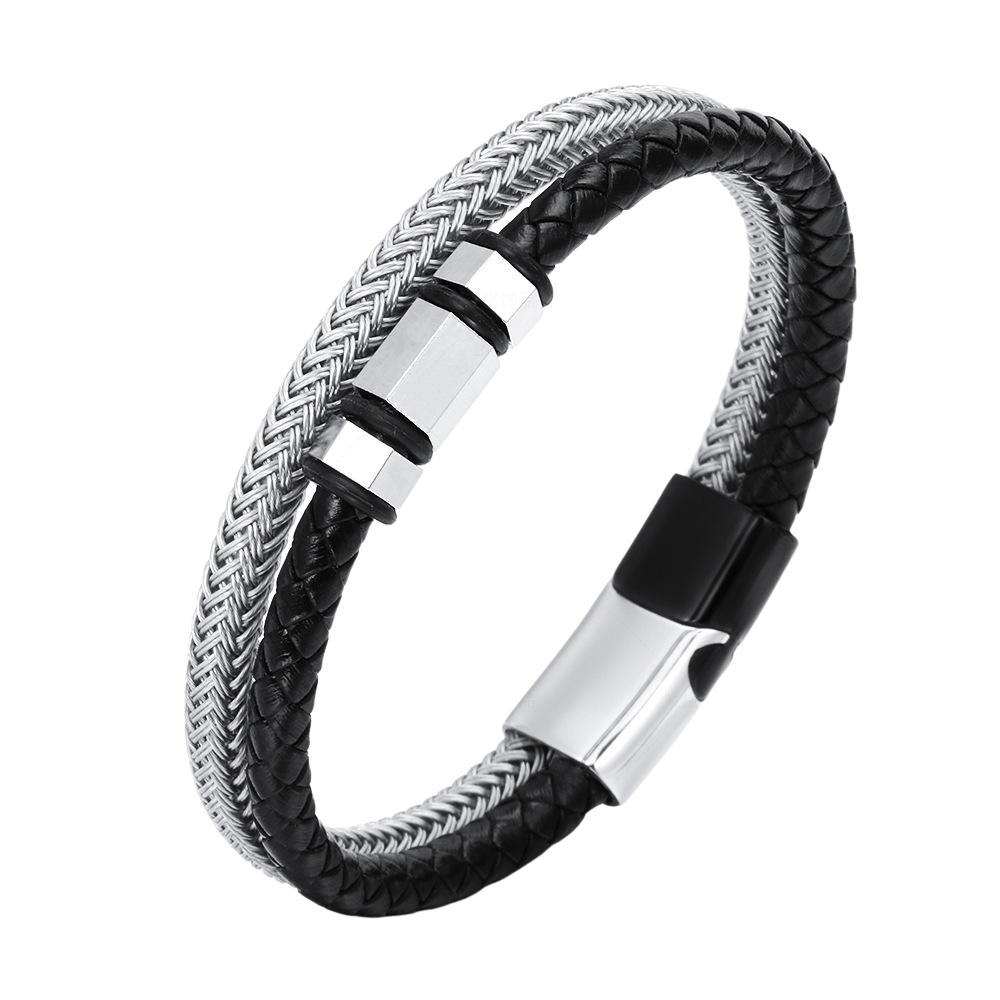 Stainless Steel Black Multilayer Genuine Leather Bracelet
