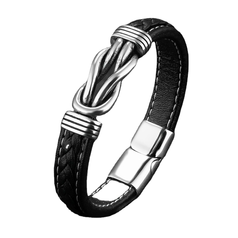 Stainless Steel Cross Border Genuine Leather Bracelet (Black)